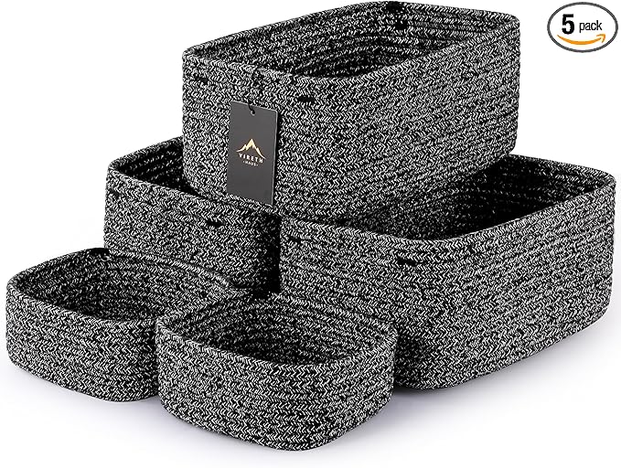 5-Pack Small Woven Rope Storage Baskets – 2 Sizes Organizer Bins for Closet, Shelf, Bookshelf, Nursery, Changing Table, Fabric Cube Boxes, Rectangular Shallow Bins for Bathroom, Toy & Home