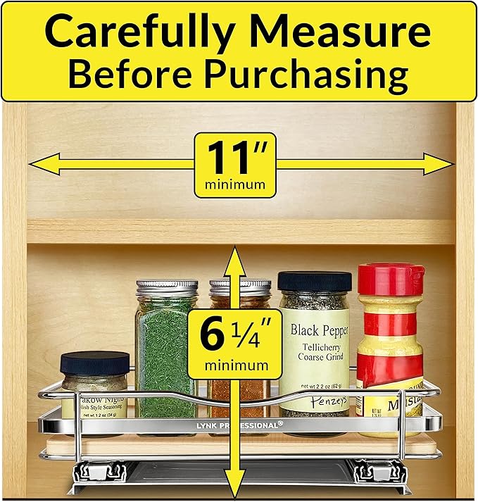 LYNK PROFESSIONAL® Élite™ Pull Out Spice Rack Organizer for Inside Kitchen Cabinets - 10-3/8 inch Wide - Slide Out Drawer – Wood/Chrome Sliding Spice Organization for cabinet - Spice Racks - 1 Tier