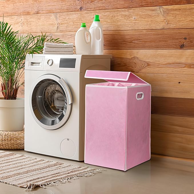 Simple Houseware Foldable Laundry Hamper Basket with Lid, Pink