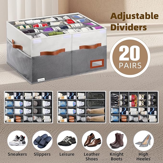 Shoe Organizer for Closet, Foldable Shoe Storage Bins with Lid & Adjustable Dividers, Fabric Shoe Box Storage Containers with Four Reinforced Handles, Fits 20 Pairs, 1 Pack, Grey