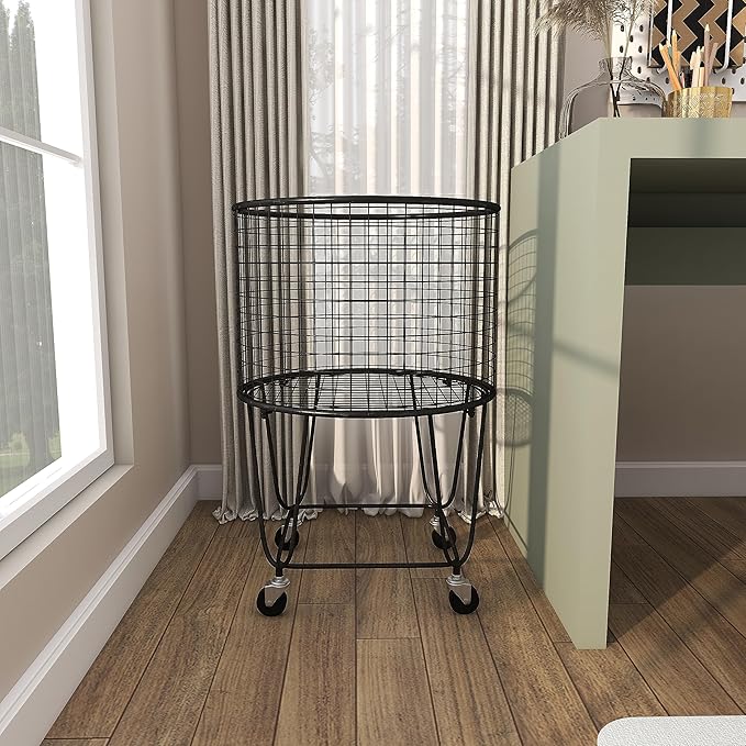 CosmoLiving by Cosmopolitan Metal Storage Cart Deep Set Rolling Mesh Laundry Basket , 18" x 18" x 24", Black