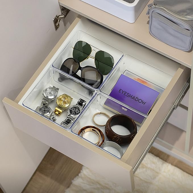 Acrimet Drawer Organizer Modular, Box Tray Storage Bins for Office, Home, Makeup, Kitchen, Junk Drawer ( 4 Pieces) (Clear Crystal Plastic)