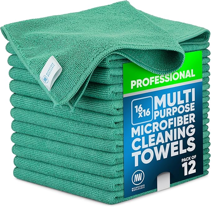 MW Pro Microfiber Cleaning Cloth | Green (12 Pack) | Size 16" x 16" | All Purpose Microfiber Towels - Clean, Dust, Polish, Scrub, Absorbent