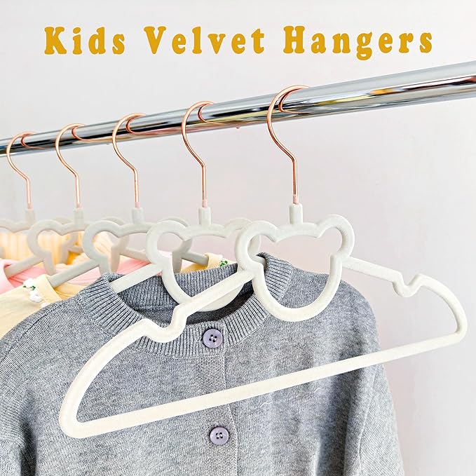 30 Pack Gray Velvet Baby and Kids Clothes Hangers - 12.6in for Ages 4-10, with Cute Bear, Rotating Rose Gold Hook, Non-Slip, Space-Saving Slim Felt Hangers for Toddler Coats, Jackets, Dresses