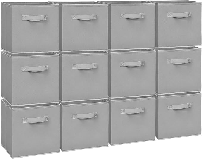 Easi 11 inch Cube Storage Bins, 12 Storage Cube Organizer, Collapsible Fabric storage cubes with Handles, Closet Storage Basket For Organization, Shelf Basket For Shelves Clothes Books, Gray