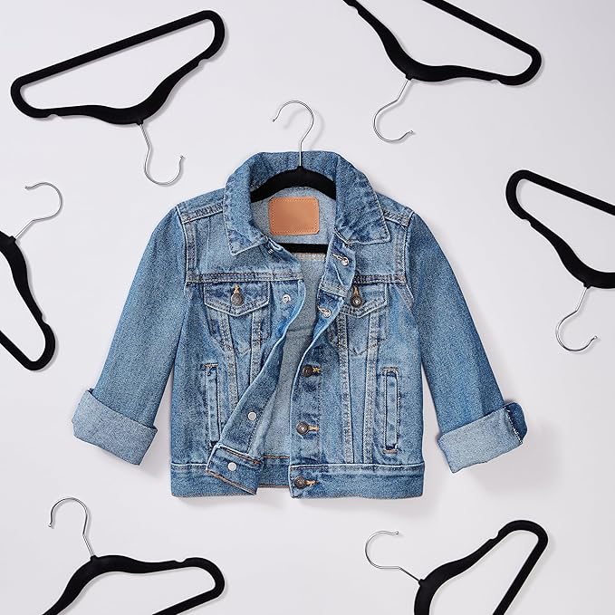 Amazon Basics Kids Velvet, Non-Slip Clothes Hangers for Infant and Toddler, 11.6 in (for baby clothes), Pack of 50, Black