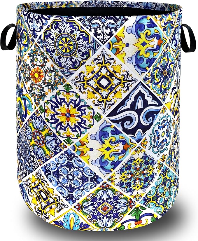 Mexican Tiles Laundry Basket Blue Green Boho Print Funny Laundry Hamper Foldable Oxford Cloth Colorful Tote Bag Clothes Toy Storage Bucket 18.9"x16.5"For Bathroom/Laundry Storage/Bedroom