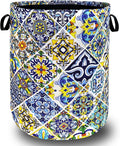 Mexican Tiles Laundry Basket Blue Green Boho Print Funny Laundry Hamper Foldable Oxford Cloth Colorful Tote Bag Clothes Toy Storage Bucket 18.9"x16.5"For Bathroom/Laundry Storage/Bedroom