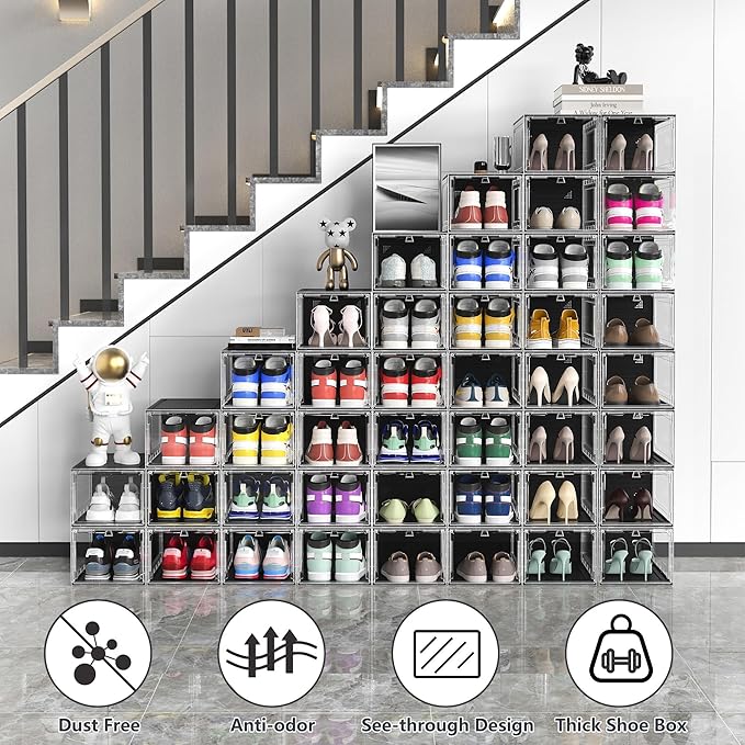 MCIJRJOI 10 Pack Hard Sturdy Thickened Rigid XX Large Shoe Storage Organizer for Closet, Clear Stackable Sneaker Shoe Boxes Rack Containers Display Case Bins with Lids, Black Clear02