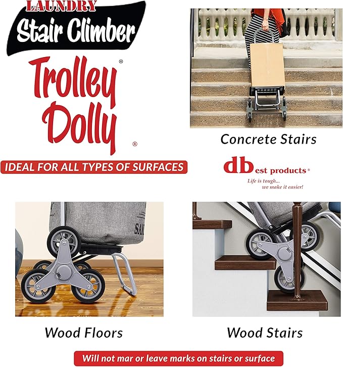 dbest products Stair Climber Laundry Trolley Dolly, Grey Laundry Bag Hamper Basket cart with wheels sorter