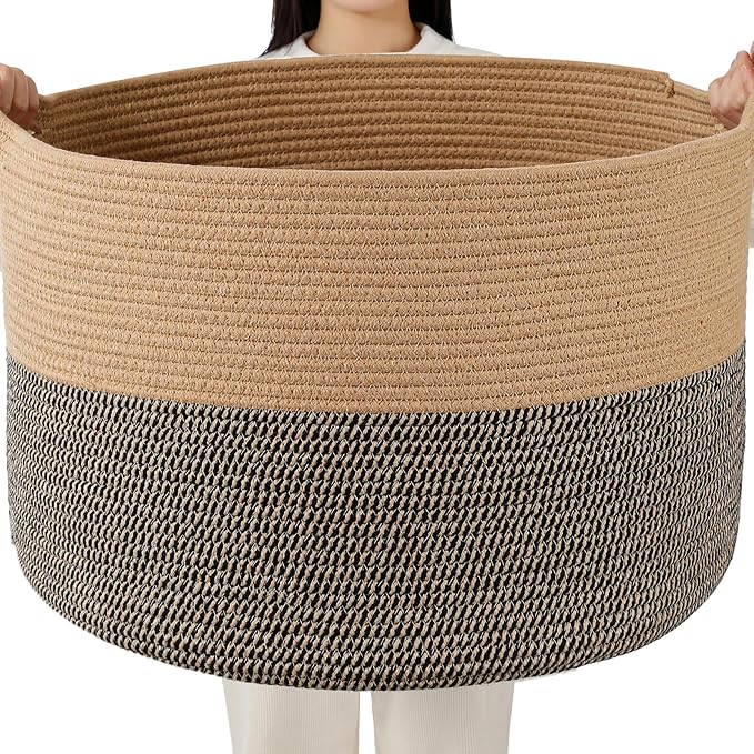 Foldable Laundry Hamper Basket with Collapsible Handle Cotton Rope Soft Woven Fabric Storage Organizer Clothes Toys Nursery Bedroom Dorm Space Saving Bin (Camel & Mix Camel, 65L(19.7"D x 12.6"H))
