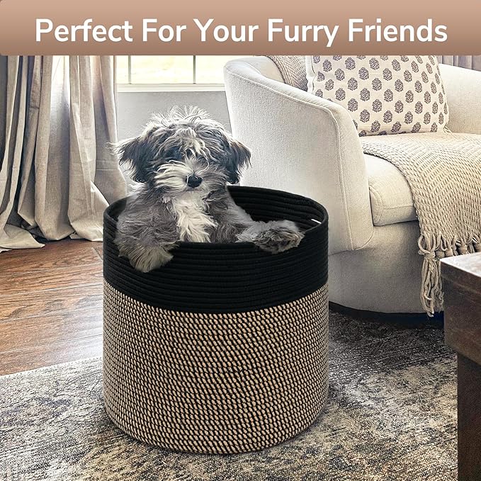 Goodpick Woven Rope Storage Basket, Blanket Basket for Towel, Shoe, Clothes, Large Toy Storage for Playroom, Living Room, Nursery, Toy Bin, Black