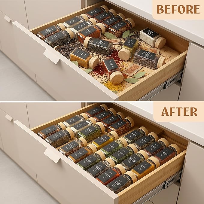 Bamboo Spice Drawer Organizer - Expandable 4 Tier Spice Rack (Need 3" Deep Drawer) 12" to 24" Wide, Seasoning Organizer, Organization Seasoning Rack insert (Jars Not Included)