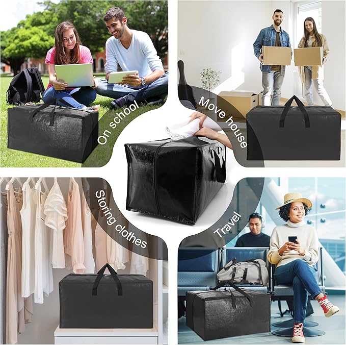 6 Pack Heavy Duty Extra Large Moving Bags W/Backpack Straps - Strong Handles & Zippers, Storage Totes For Space Saving, Fold Flat, Alternative to Box and Bin (40 gal, Semi-Transparent+Blue+Black)