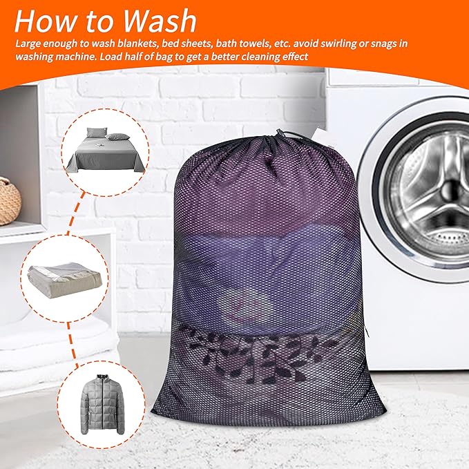 Polecasa Extra Heavy Duty Large Diamond Mesh Laundry Bags with Drawstring Closure & ID Tag, 2 Pack 24 x 36 inches Washable Storage Bag for College, Travel, Sports, Dorms, Black