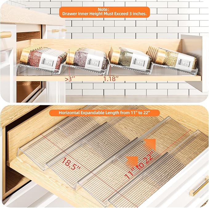 Spice Drawer Organizer, 4 Tier- 4 Pack Clear Acrylic Drawer Seasoning Organizer, Expandable From 11'' to 22'' Kitchen Spice Rack Organizers and Storage for Drawer (Jars not included)