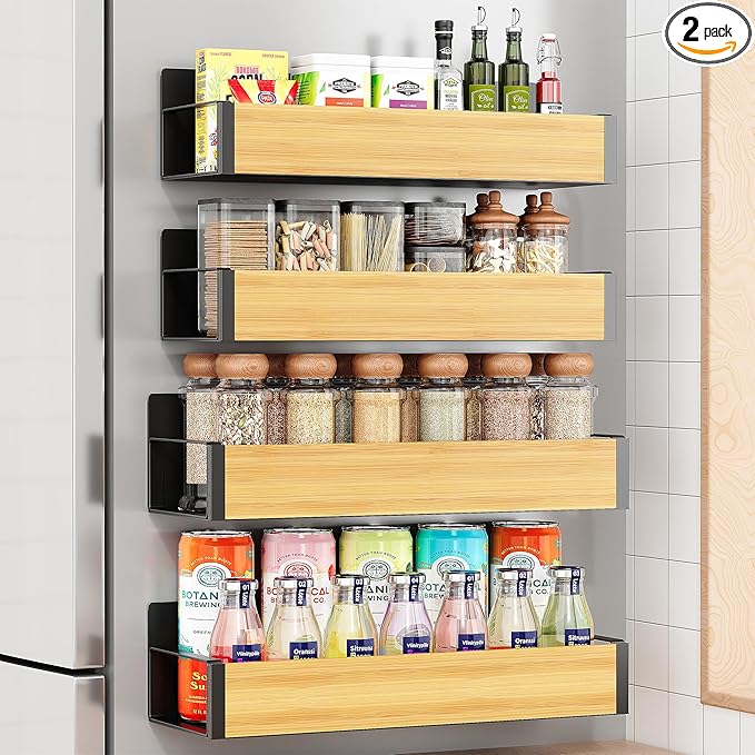 2/3/4 Pack Moveable Fridge Magnetic Spice Racks,Metal Black/White (Bamboo)