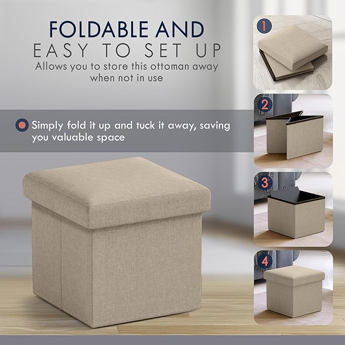 Ornavo Home Small Storage Ottoman, Set of 2 Foldable Collapsible Cube Square Linen Ottoman Foot Rest Stool Seat, for Living Room, Bedroom, Home Office, Dorm - 12 x 12 x 12, Taupe