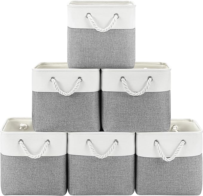 11 Inch Cube Storage Bins, 6 Pack Fabric Storage Cubes with Rope Handles, Organizer Baskets for Closet Shelves, Clothes and Home Organization(White/Gray)