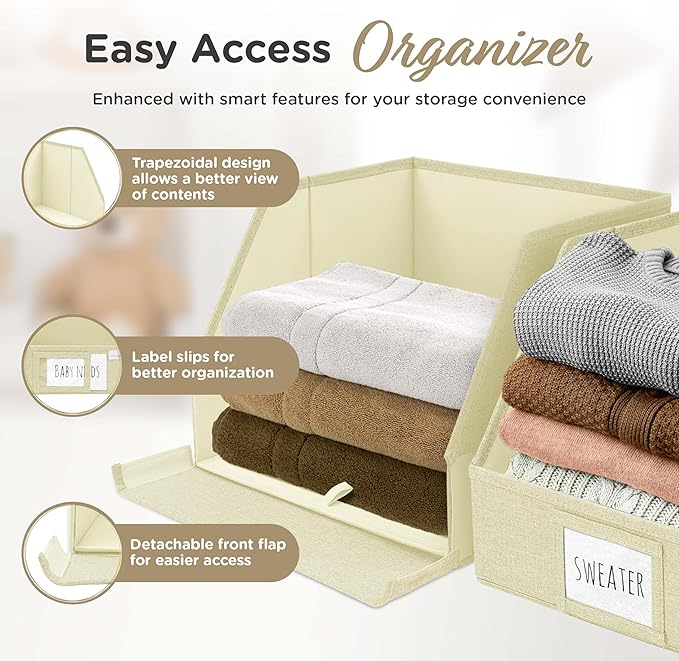 VIVIDECOR Trapezoid Closet Bins for Shelves – 12x12x10 Fabric Storage Baskets, Collapsible Organizer Boxes for Linen, Baby Clothes, Seasonal Storage – Light Beige, 3 Pack