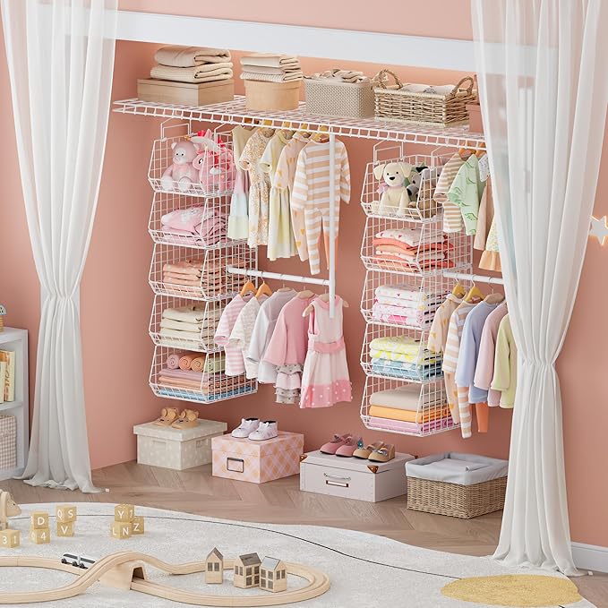 5 Tier Extended Depth Kids Hanging Closet Organizer with Adjustable Width and Height Hanging Rod, Storage Shelves for Sweaters Towels Handbags, Stackable Metal Bins for Closet, Laundry, Dorm, White