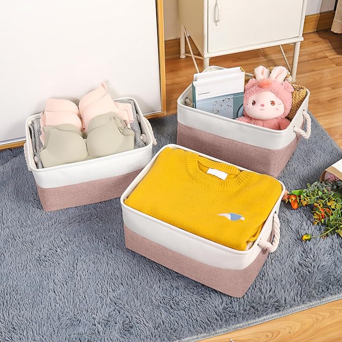 Storage Bins with Sturdy Cotton Handles(3 Pack), Fabric Storage Baskets for Organizing use for Office & Home, Book, Clothes, Toys, Closet Boxes(Medium, Pink-White, 14.2x10.2x7.1 inches)
