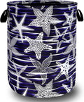 Blue Starfish Printed Laundry Basket Sea Beach Theme Funny Laundry Hamper Foldable Oxford Cloth Ocean Tote Bag Clothe Toy Storage Bucket 18.9"x16.5" For Bathroom/Laundry Storage/Bedroom
