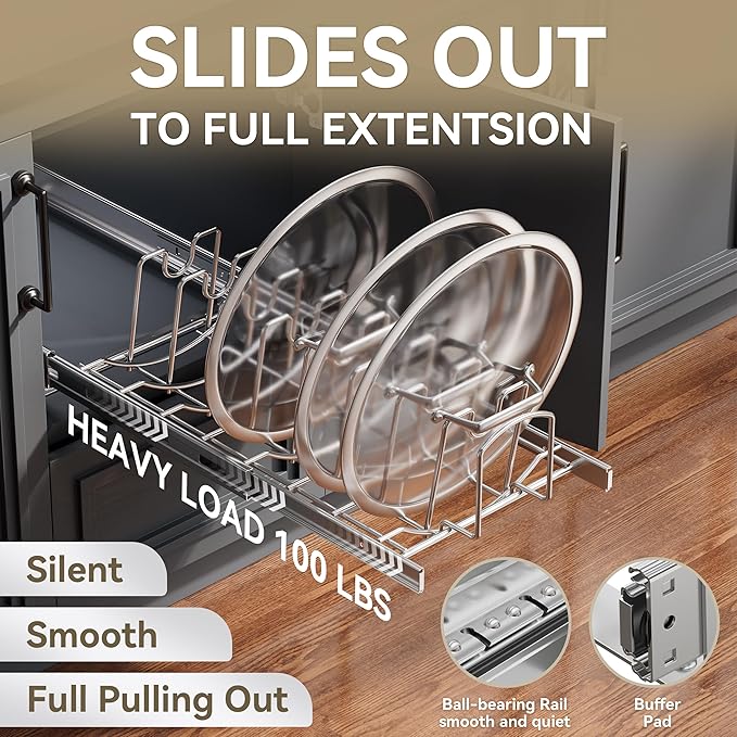 Slide Out Pot Lid Organizer Under Cabinet, Wire Dividers Kitchen Pull Out Pot Lid Storage Rack Holder, Full-Extension Rail 15" W*22" D