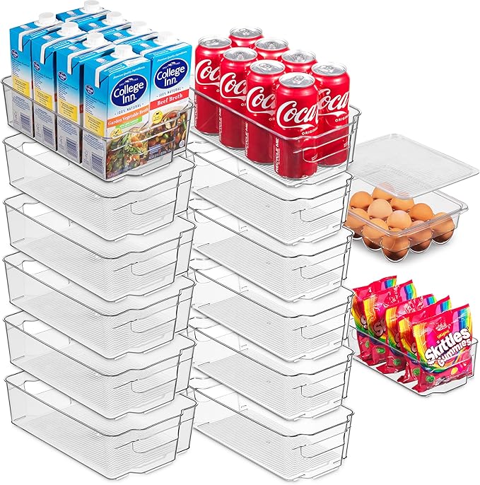 Oizeir Refrigerator Organizer Bins - Clear Plastic, Stackable, Narrow and Wide Bin Sizes, Egg Tray with Lid. Great Storage for Fridge, Cabinets, Countertops and Pantry. (Set of 12)