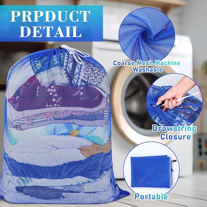 Windyun Mesh Laundry Bag, 9 Pcs 30" x 40" Heavy Duty Large Mesh Laundry Bags Drawstring Lockable Laundry Hamper Liner Machine Washable Bag for Travel Dorm Home College Storage Apartment (Blue)