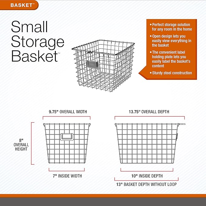 Spectrum Small Wire Basket with Label Plate Industrial Gray Square Wire Storage Basket for Kitchen Bathroom Laundry Pantry Closet Toy Under Sink Organization, Small Wire Basket Organizer for Storage