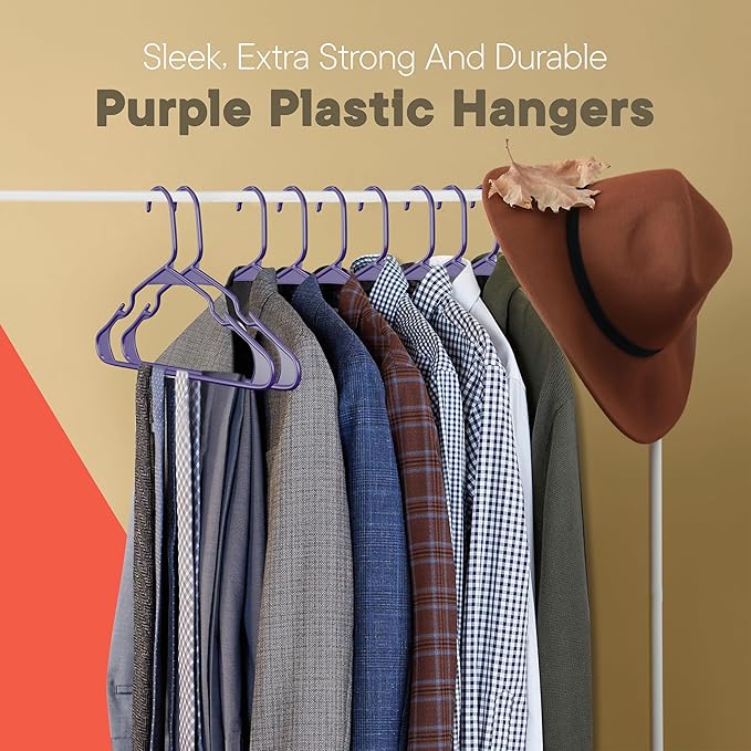 Purple Plastic Hangers 20 Pack– Heavy-Duty Plastic Hangers Slim and Space-Saving, Durable and Lightweight with Non-Slip Shoulder Notches for Slip Dresses, Suits, Jackets & Camisoles