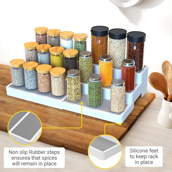 YAN & HIN Pack of 2, 3-Tier Spice Rack, Expandable and Non-Skid tiered Shelf, Medicine Cabinet Organizers, pantry organizers, and Seasoning Organizer, Canned Food Organizer