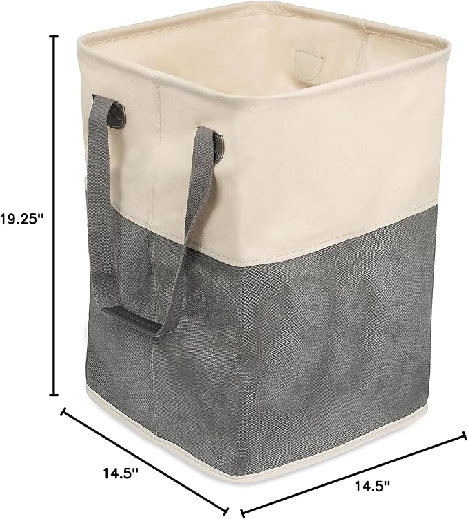 BirdRock Home Square Cloth Laundry Hamper with Handles - Dirty Clothes Sorter - Easy Storage - Foldable - Grey and White Canvas