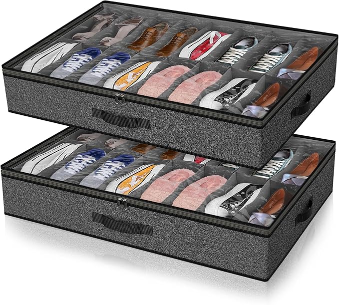 Under Bed Shoe Storage Organizer for Closet, Fits 32 Pairs Underbed Shoes Box Storage Containers Under the Bed Storage Foldable with Sturdy Handles&Clear Window for College Dorms Grey, Set of 2