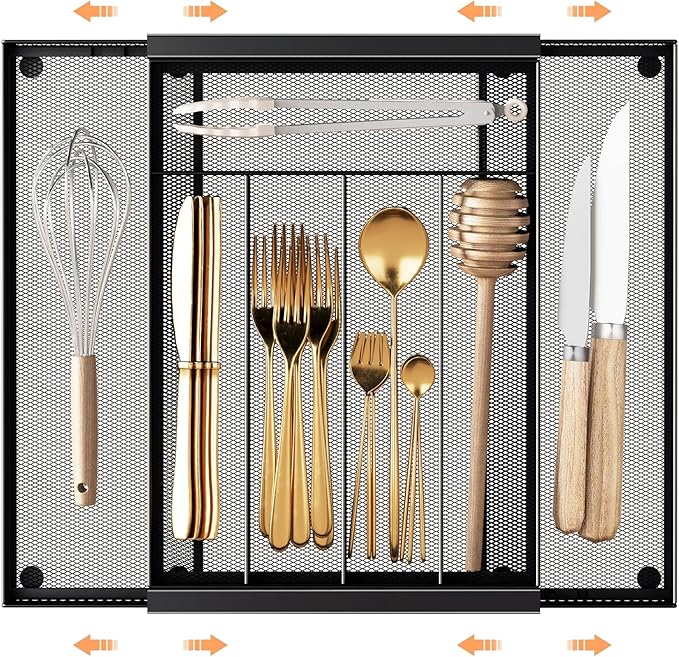 Silverware Organizer Metal Mesh, Drawer Organizer, Utensil Cutlery Tray for kitchen drawers,Expandable Flatware Organizer with 7 Compartment Black 9.6"~16.1" x 13.8"