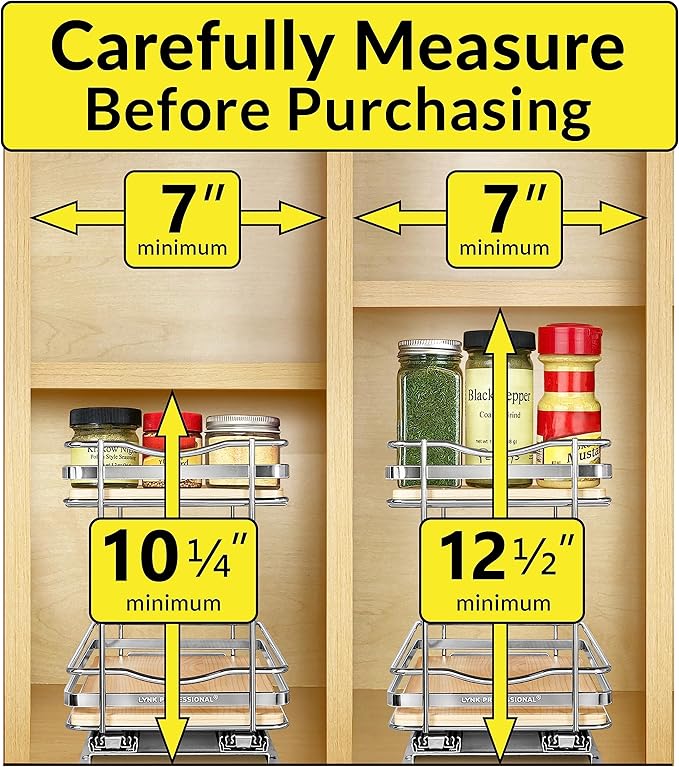 LYNK PROFESSIONAL® Élite™ Pull Out Spice Rack Organizer for Inside Kitchen Cabinets - 6-3/8 inch Wide - Slide Out Drawer – Wood/Chrome Sliding Spice Organization for cabinet - Spice Racks - 2 Tier
