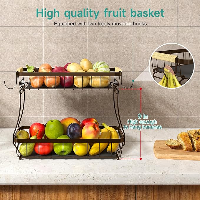 2 Tier Large Fruit Basket for Kitchen Counter with 2 Mobile Banana Hangers, 2026 Pro Detachable Metal Fruit Bowl with Wooden Handle (Brown, 2 Tier)