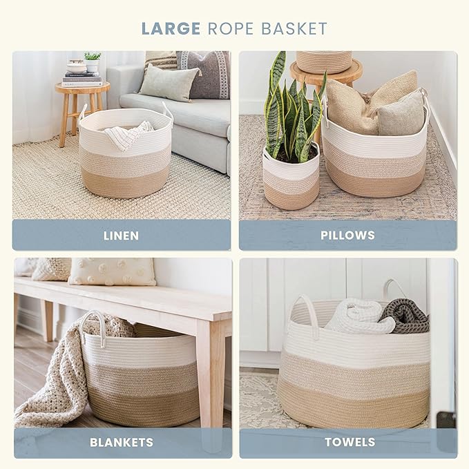 OrganiHaus Large Woven Storage Basket for Blankets and Toys 20" x 13" Inch, Rope Laundry Basket with Handles, Cushions & Pillows Storage Bin, Nursery Hamper, Soft Round Dog Toy Bin - Honey