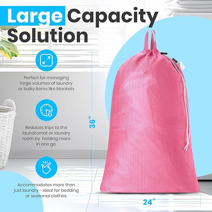 Large Mesh Laundry Bags - Heavy Duty with Handles & Drawstring - Machine Washable Net Laundry Sacks for College Dorm, Camp, Travel, Bedding & Clothes Storage (Pink)