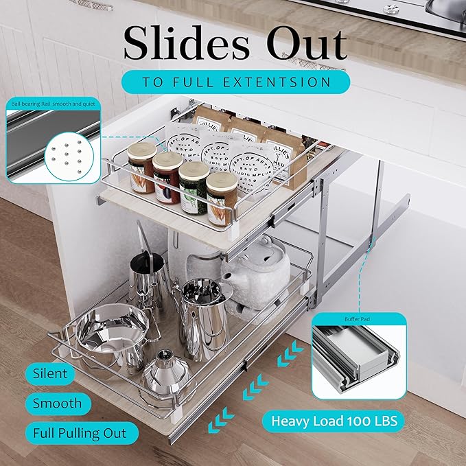 2 Tier Pull Out Cabinet Organizer 18" W X 22" D, Slide Out Drawers For Kitchen Cabinets, Pull Out Drawers For Cabinets Capacity Heavy Duty Caddy, Cabinet Pullout Shelves Wood Chrome, Pantry Storage