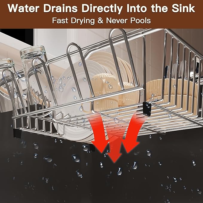 Over the Sink Expandable Dish Drainer Drying Rack In Stainless Steel for Small Kitchen, Counter Space Saving Modern Compact Metal Above Plate Dryer Strainer, Adjustable Hanging Inside Drain Holder