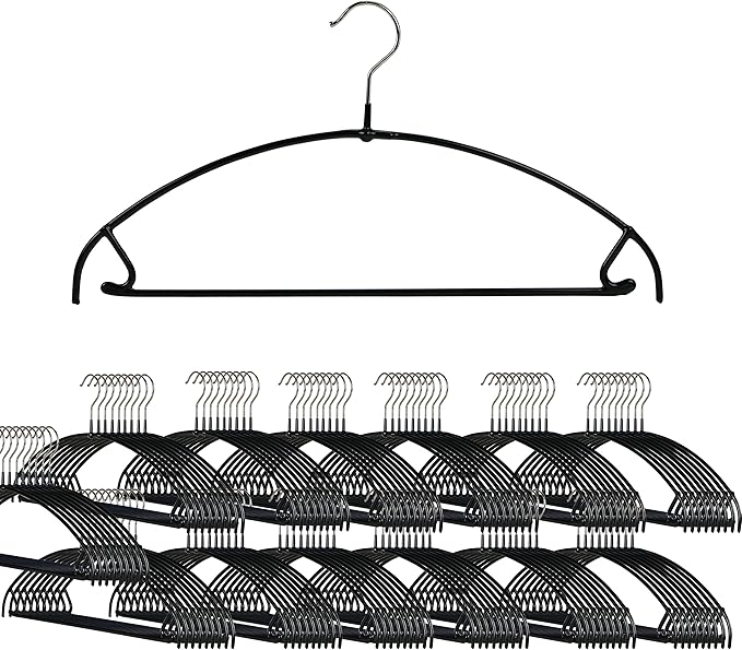 Mawa by Reston Lloyd Euro Ultra Light/Thin Series, Non-Slip Space Saving Clothes Hanger with Bar & Hook for Pants and Skirts, Style 42/PTU, Set of 130, Black