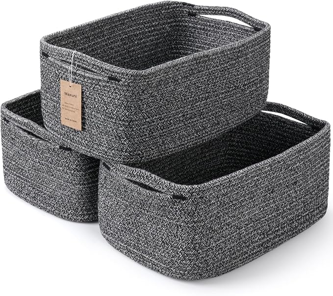 3-Pack Shelf Baskets for Organizing, Closet Organizer Bins, Small Woven Baskets, Rope Toy Basket, Storage Basket for Shelves, Cube Decorative Box, 11.8×7.8×5.1”, Mixed Black