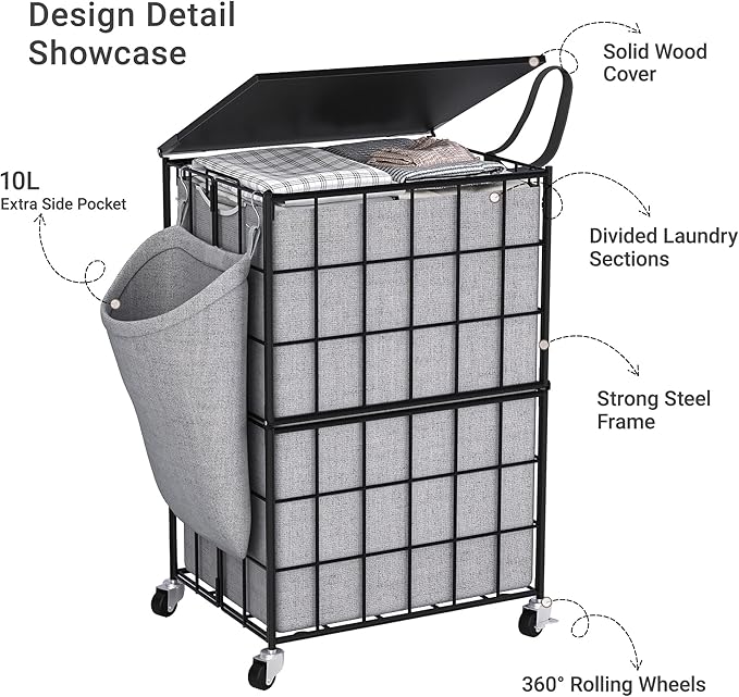 90L Laundry Basket with Wheels, Large Capacity Laundry Hamper with Removable Liner Bags, Heavy Duty Laundry Sorter with Solid Wood Lid & Leather Handles (Grey) TLH001G01