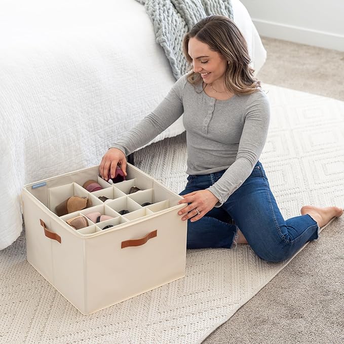 OrganiHaus Shoe Organizer for Closet and Entryway, Fits up to 16 Pairs, Large Shoe Storage Box, Collapsible Shoes Storage Bin, Shoes Container w/Reinforced Handles and Clear Cover - Off-White