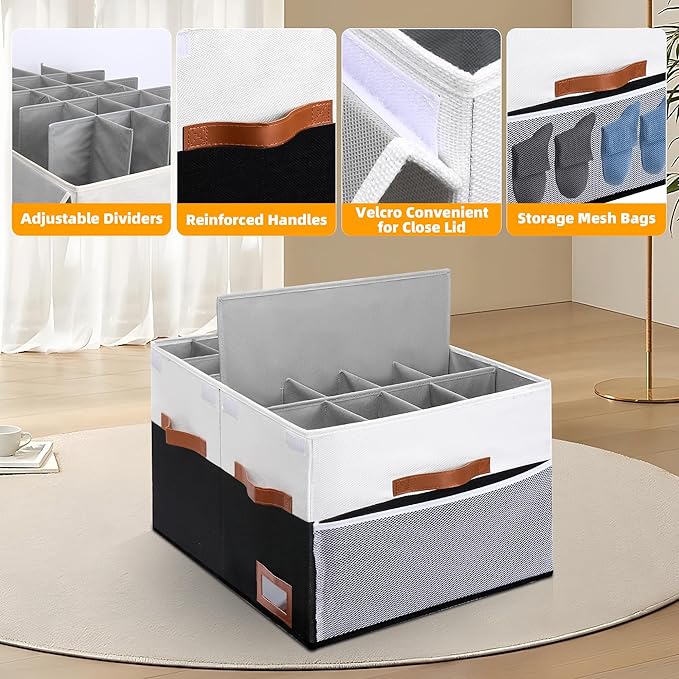 Shoe Organizer for Closet, Foldable Shoe Storage Bins with Lid & Adjustable Dividers, Fabric Shoe Box Storage Containers with Four Reinforced Handles, Fits 20 Pairs, 1 Pack, Black & White