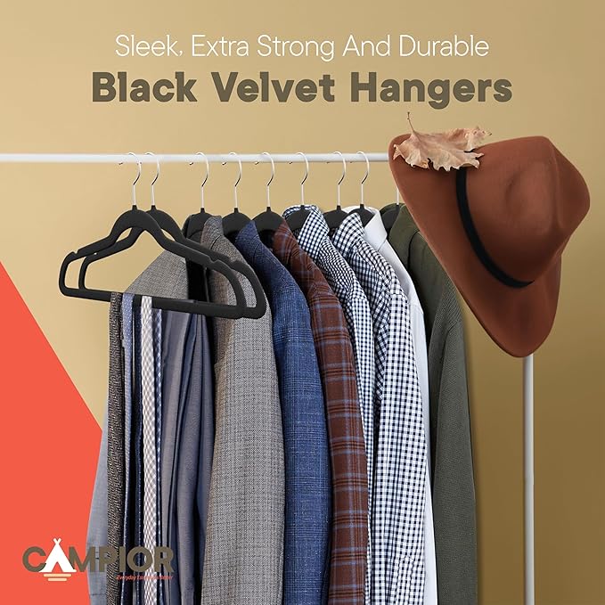 Black Velvet Hangers 60 Pack – 360° Swivel Hook, Non-Slip and Space Saving Hangers, Heavy-Duty 11 lbs Weight Capacity - Smooth Velvet Finish for Crease-Free Clothes and Effortless Closet Organization