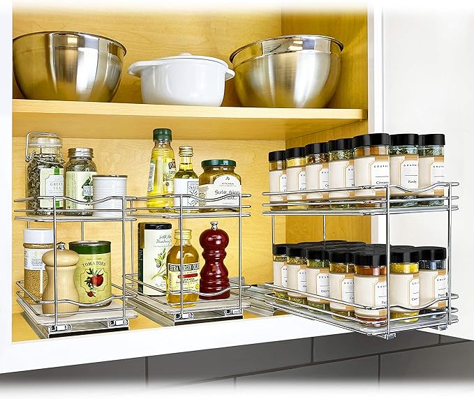 LYNK PROFESSIONAL® Pull Out Spice Rack Organizer for Inside Kitchen Cabinets - 6-3/8 inch Wide - Slide Out Drawer – Chrome Sliding Spice Organization for cabinet - Spice Racks - 2 Tier