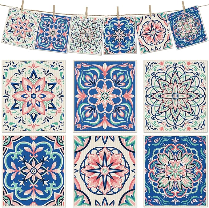 6 Packs Swedish Paper Cloths for Kitchen, Reusable Paper Towels Washable Dish Rags, Highly Absorbent Kitchen Towels Quick Drying Swedish Sponge Cleaning Dish Cloths(Pink Six-Petal Floral)